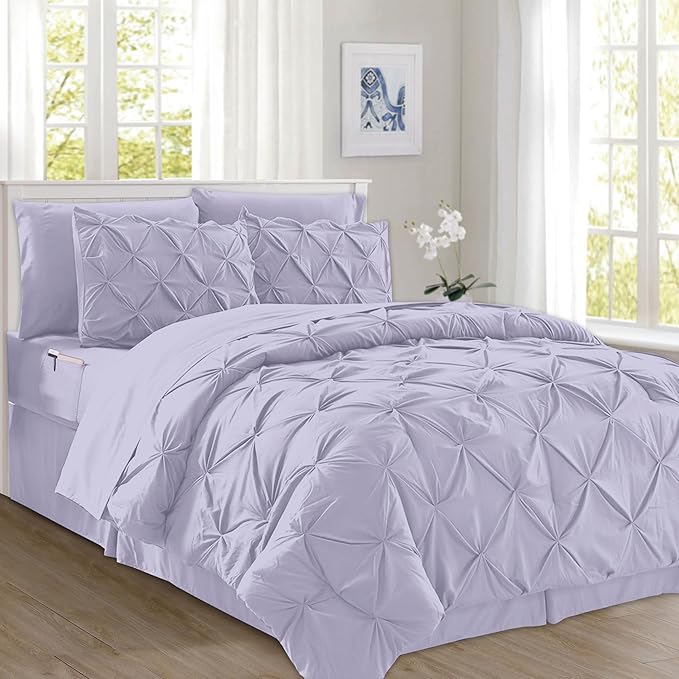 Elegant Comfort 8-Piece Pinch Pleated Comforter Set - All Season Complete Bed in a Bag, Includes 4pc Smart Sheet Set, Bed Skirt, Comforter, Matching Pillowcases and Shams, King/Cal King, Lavender