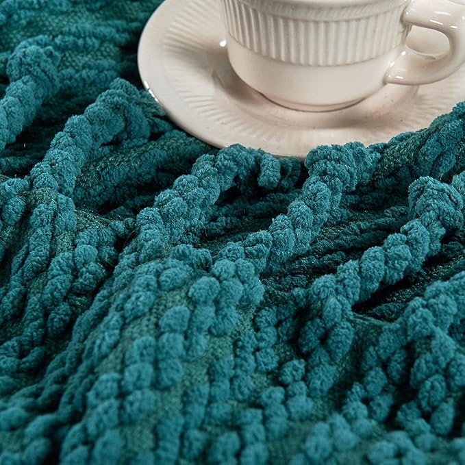 Striped Knit Throw Blanket with Braided Tassels 50" x 60", Hand Knitted Soft Chunky Chain Design Boho Farmhouse Blanket, Solid Color Tassel Decor Throw for Couch Bed Sofa Outdoor, Dark Teal