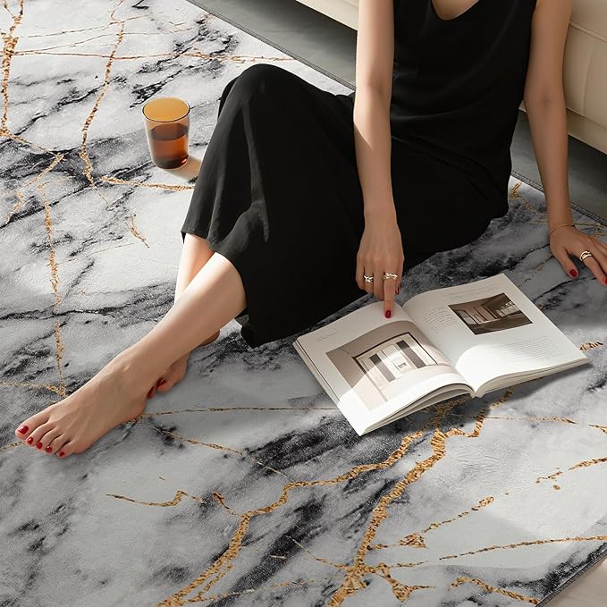 CRYPTOLITE Area Rugs 8x10 Rug for Living Room Abstract Washable Rug with Non-Slip Backing Low Pile Area Rug for Bedroom, Dining Room, Gold&Grey