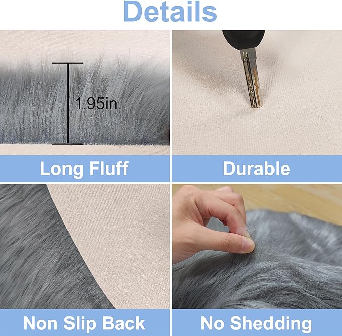 Faux Fur Grey Round Rugs 3ft for Bedroom, Small Fluffy Fuzzy Circle Rug Furry Shag Shaggy Carpet for Living Room Kids Teen Girls Room, Plush Circular Rug for Nursery Room