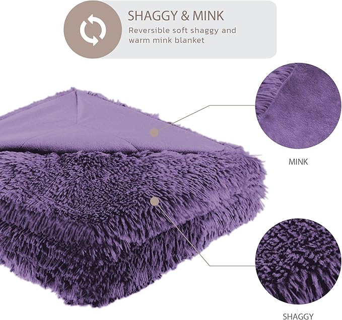 Hyde Lane Purple Fuzzy Throw Blanket, 2 Way Reversible Ultra Soft Long Faux Fur Throws, Shaggy Cozy Fluffy Blankets for Couch Sofa Home Decor, 60x80