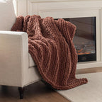 Chunky Knit Blanket Throw, 100% Hand Knit Throw Blanket Handmade Chenille Cable Knit Throw for Couch, Stylish Cozy Soft Rope Knot Crochet Blanket for Home Decor, Copper Brown, 40x50 Inches
