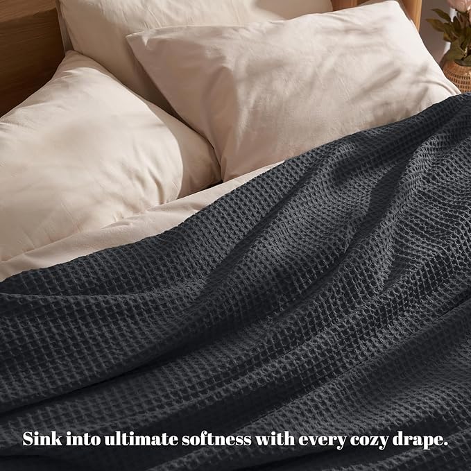 PHF Ultra Soft Waffle Weave Blanket Queen Size 90"x 90"- Washed Lightweight Breathablee Cozy Woven Blanket - Great for Couch Bed Sofa Home Car - Black