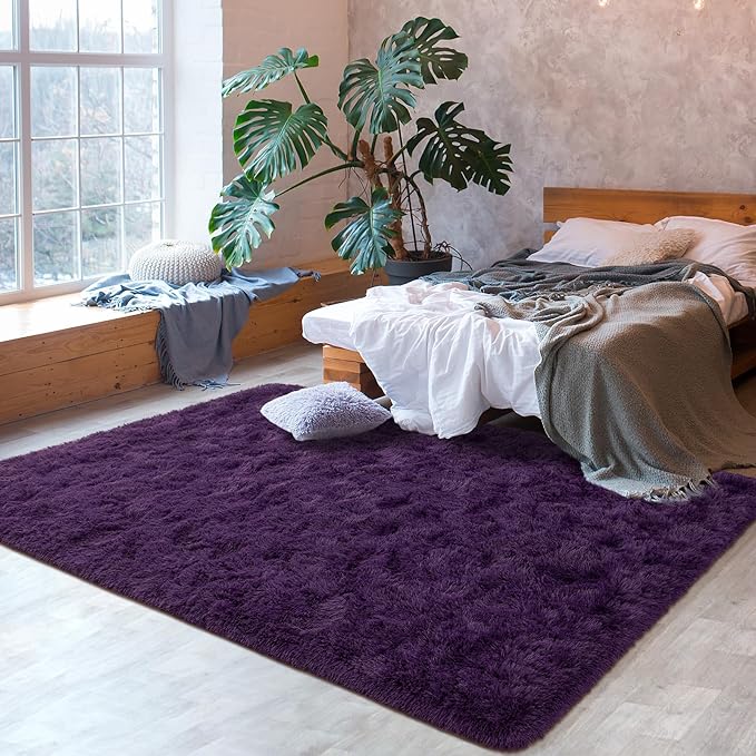 Softlife Dark Purple 8x10 Area Rug for Living Room, Fluffy Shag Plush Rugs for Bedroom Girls, Shaggy Soft Fuzzy Kids Large Carpet for Dorm Bedside Ultra Cozy Non-Slip Indoor Decor