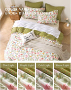 ALEISSEL Luxurious Cotton 3pcs Floral Comforter Sets Queen Size - Blush, Yellow & Blue Spring Garden Floral Prints on White, Warm Olive Green Reverse,Vintage Lightweight Bedding Sets(Queen 90"×90")