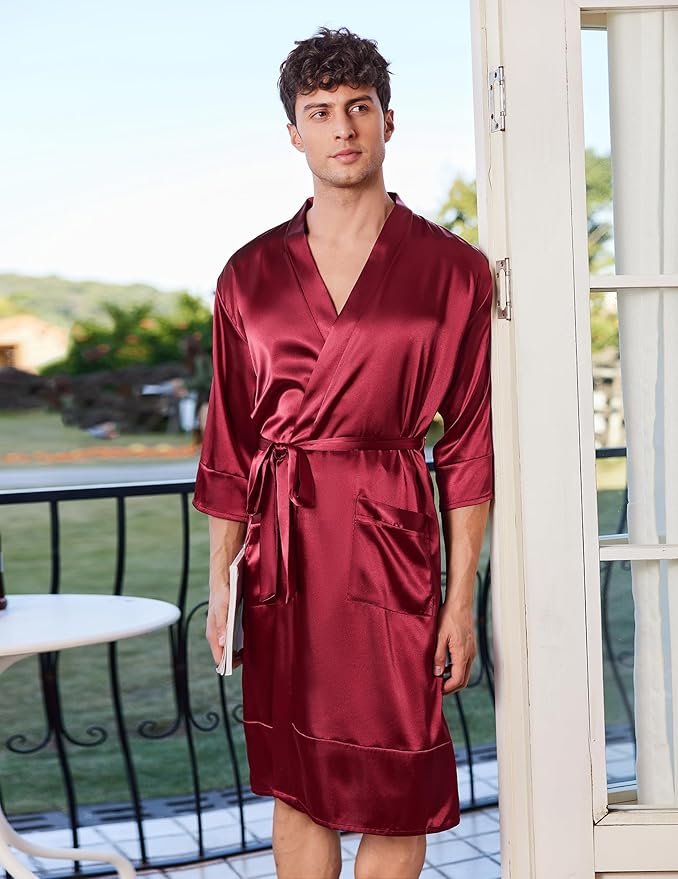 Ekouaer Mens Satin Robe Lightweight Silky Kimono Bathrobe 3/4 Sleeve Spa Knee Length Loungewear with Pockets S-3XL