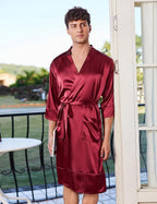 Ekouaer Mens Satin Robe Lightweight Silky Kimono Bathrobe 3/4 Sleeve Spa Knee Length Loungewear with Pockets S-3XL