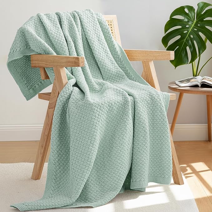 Whale Flotilla Chunky Knit Throw Blanket for Couch and Bed, Sage Green Decorative Cozy Fleece Blanket, Reversible Soft Fuzzy Woven Throws, 60x80 Inch