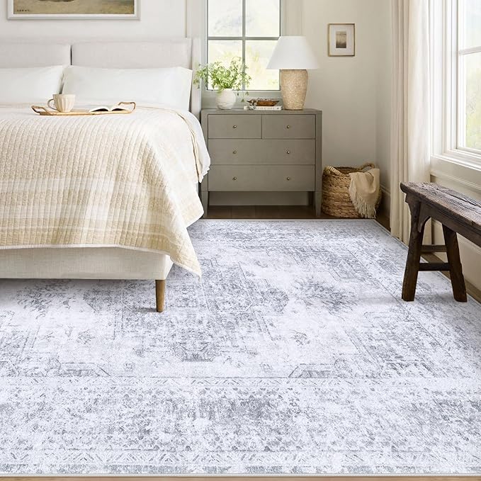 XLUEZ Area Rug 6x9 Living Room Rug, Machine Washable Vintage Distressed Medallion Rug Non-Slip Soft Low Pile Large Indoor Rugs for Bedroom Kitchen Dining Room Office(LightGrey,6'x9')