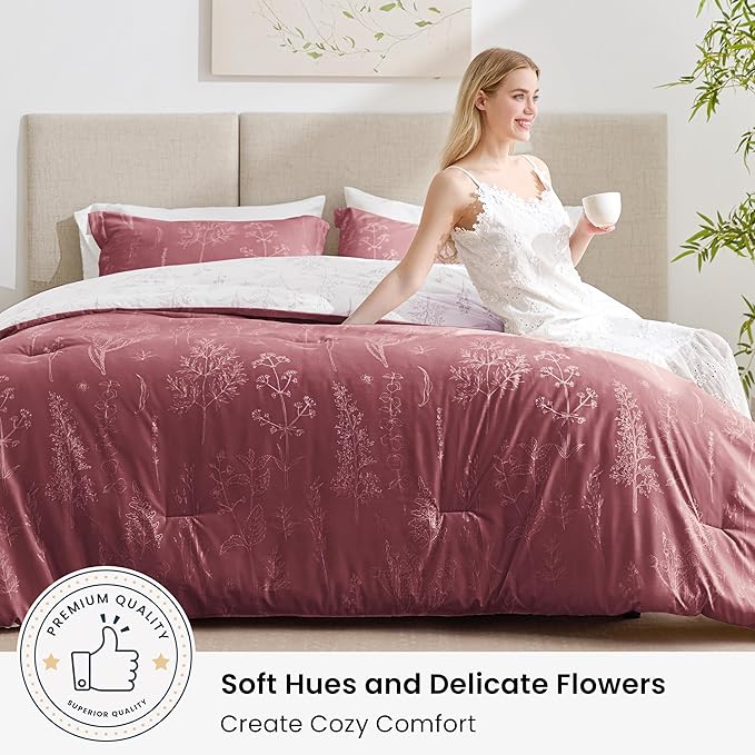 Love's cabin Vintage Rose Full Comforter Set - Full Size Comforter Set, 3 Pieces Cute Floral Bedding Sets for All Seasons,1 Soft Reversible Botanical Flowers Comforter and 2 Pillow Shams