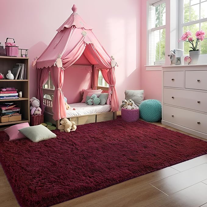 Burgundy Red Area Rug 6x9 Large Rugs for Living Room Bedroom, Fluffy Soft Rug Modern Carpets for Kids Room, Non-Skid Rectangular Indoor Cute Rug for Girls Boys Nursery Room Home Decor