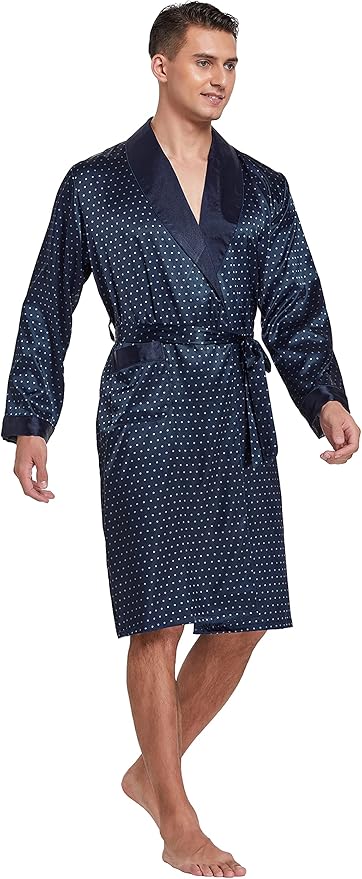 Tony & Candice Men's Satin Robe Lightweight Long Sleeve Silk Kimono Bathrobe with Shorts Set Sleepwear