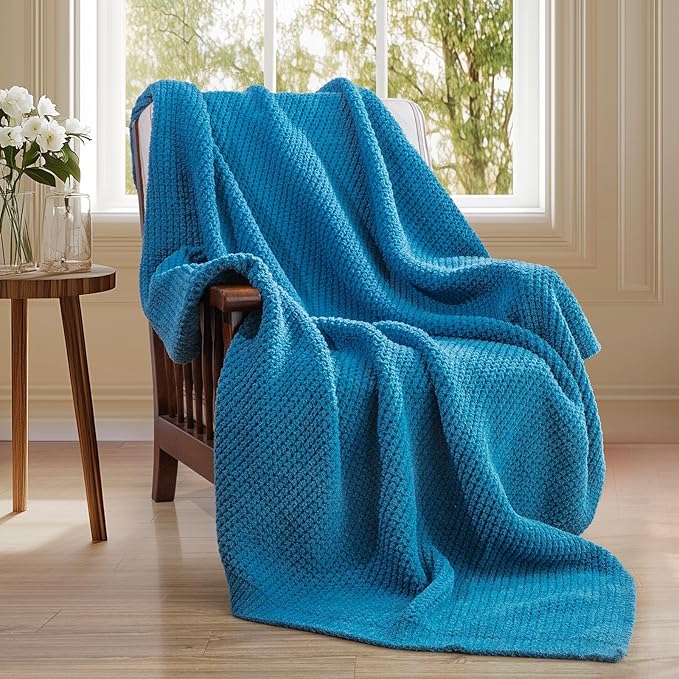 Waffle Knit Twin Blanket, Luxury Cozy Chunky Knit Twin Blanket for Couch, 60 x 80 Inch Thick Ultra-Soft Feather Yarn Knitted Blankets for Sofa, Bed, Home Decor - Blue