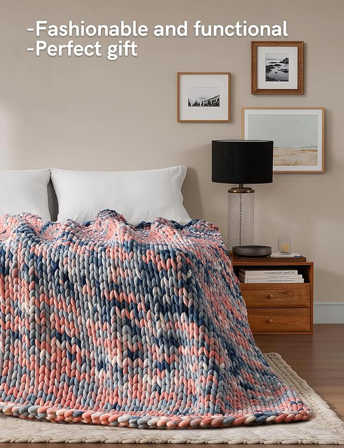 YnM Weighted Blanket, Handmade Chunky Knitted Design, Soft and Cozy, Temperature Regulating and Breathable, Machine Washable Throw for Sleep or Home Decor (Pink Sky Tie-Dyed, 60x80 Inch, 15lbs)
