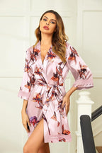 Ekouaer Women's Lace-Trim Silk Robes Bride Bridesmaid Kimono Satin Bathrobe V Neck Sleepwear with 3/4 Sleeve