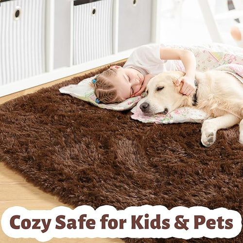 Amdrebio Dark Brown Area Rugs for Bedroom Living Room, 5x7 Fluffy Shaggy Plush Rugs for Kids Room Decor Aesthetic, Fuzzy Furry Chocolate Coffee Modern Cool Carpet for Classroom Playroom Dorm Nursery
