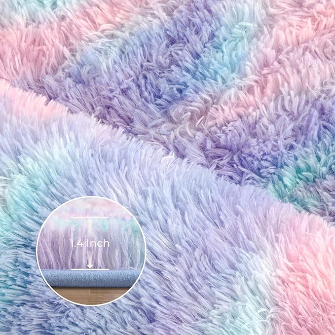Litanika 9x12 Fluffy Shag Faux Fur Area Rug for Living Room Bedroom, Tie-Dyed Blue Rainbow High Pile Soft Plush Furry Bedside Playroom Dorm Carpet, Non-Slip, Non-Shedding Modern Indoor Floor Rug