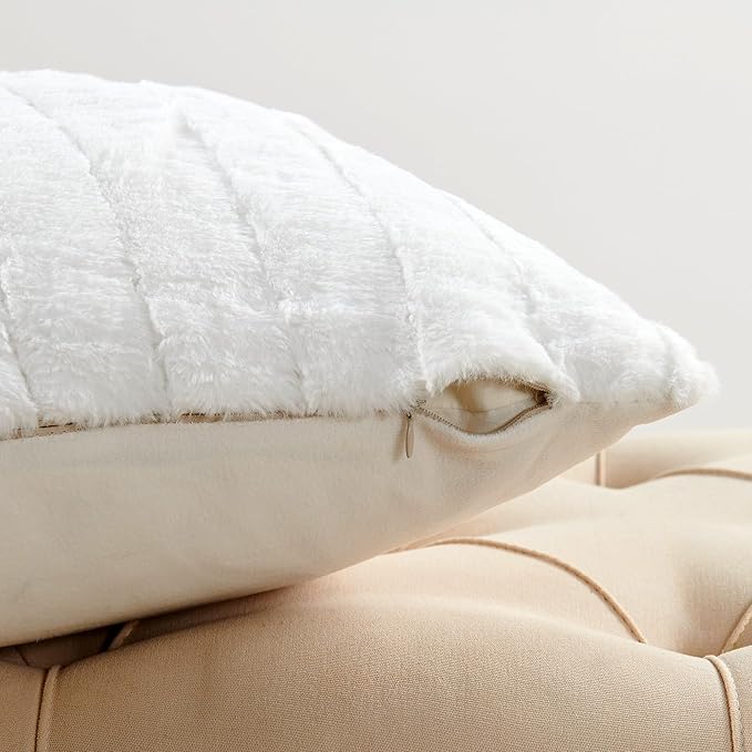 Striped Throw Blanket and Pillow Covers Set (No Inserts) for Couch and Bed, Plush Warm Lightweight Fuzzy Faux Fur Blanket for All Seasons (50" x 60", Pure White)