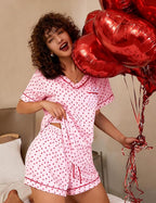 ASTANFY Valentines Day Pajamas Women 2 Piece Silk Valentine Pjs Cute Heart Pajamas V Neck Satin Sleepwear Loungewear Set