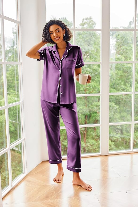 Ekouaer Silk Satin Pajamas Set Women Short Sleeve Sleepwear Soft Button Down Loungewear Pjs Set