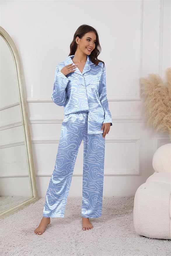 Ekouaer Pajamas For Women Set Silk Pjs 2 Piece Satin Sleepwear Long Sleeve Button Down Lounge Sets With Pant