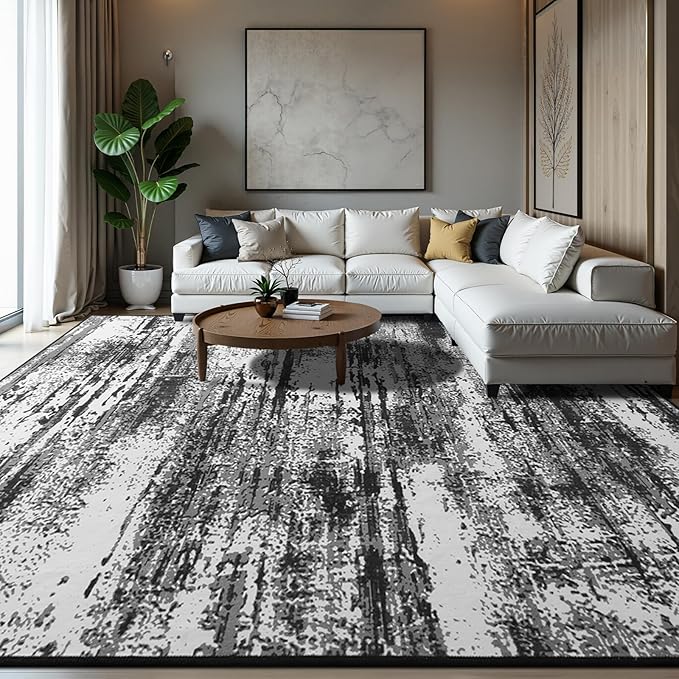 Modern Abstract Rug 8x10 Washable Area Rug for Living Room, Large Living Room Rug for Bedroom Non-Slip Low Pile Soft Faux Wool Indoor Carpet for Dining Room Playroom Kids Room Office Home Decor, Black