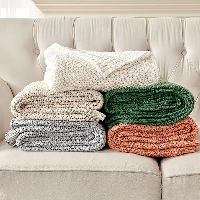 Joydeco Chunky Cable Knit Throw Blanket, Lightweight 100% Cotton Soft Cozy Throw Twin Blanket for Couch Bed and Sofa, Rustic Breathable Farmhouse Blanket Gift for Women Men(Olive Green, 51"x63")