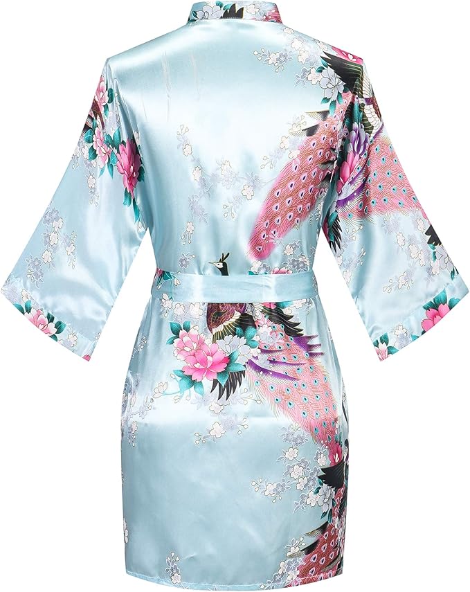 Women's Short Kimono Robes Bride and Bridesmaid Satin Floral Bathrobe Peacock Sleepwear Dressing Gown for Wedding Party