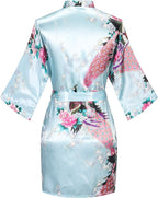 Women's Short Kimono Robes Bride and Bridesmaid Satin Floral Bathrobe Peacock Sleepwear Dressing Gown for Wedding Party