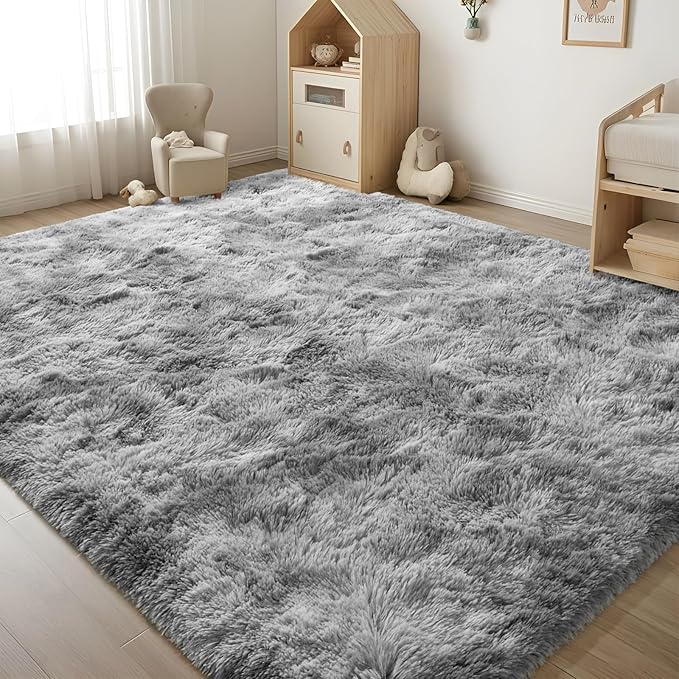 ISEAU Super Soft Rugs for Bedroom Shaggy Area Rug, 3x5 Feet Tie-Dye Shaggy Carpet Mats for Dorm, College, Apartment, Living Room, Non-Slip Abstract Fuzzy Rugs for Girls Boys Kids Room, Light Grey