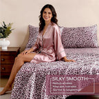 MR&HM Satin Bed Sheets with Elastic Corner Straps, Queen Size Sheets Set, 4 Pcs Silky Bedding Set with 15 Inches Deep Pocket for Mattress (Queen, Pink Leopard)