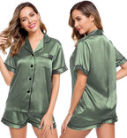 LecGee Womens Silk Satin Pajamas Short Sleeve Loungewear Two-Piece Sleepwear Button-Down Pj Set