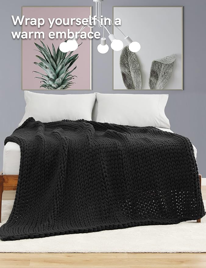 YnM 100% Cotton Weighted Blanket, Handmade Chunky Knitted Throw, No fillers Design, Soft and Breathable, Machine Washable Bed Blanket for Sleep or Home Decor (Dark Grey, 60x80 Inch, 25lbs)