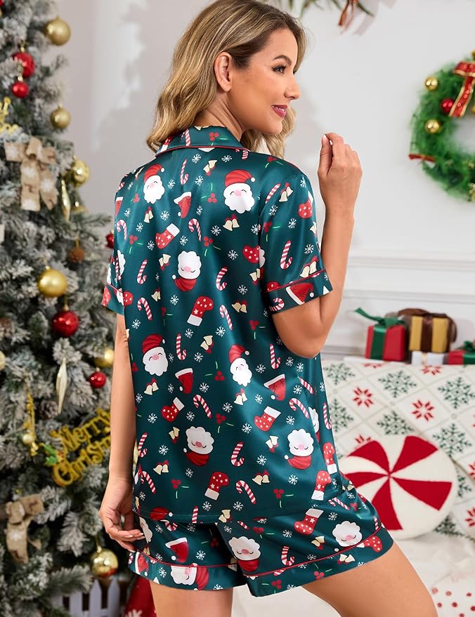 SWOMOG Womens Silk Satin Pajamas Set Short Sleeve Sleepwear Button Down Top and Shorts Loungewear 2 Piece Pjs Set XS-3XL