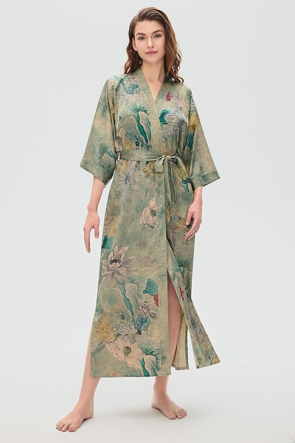 PRODESIGN Kimono Robes for Women - Long Silky Sleepwear Nightgown Bathrobe Floral Dressing Gowns Blouse Bride Bridesmaid Robe