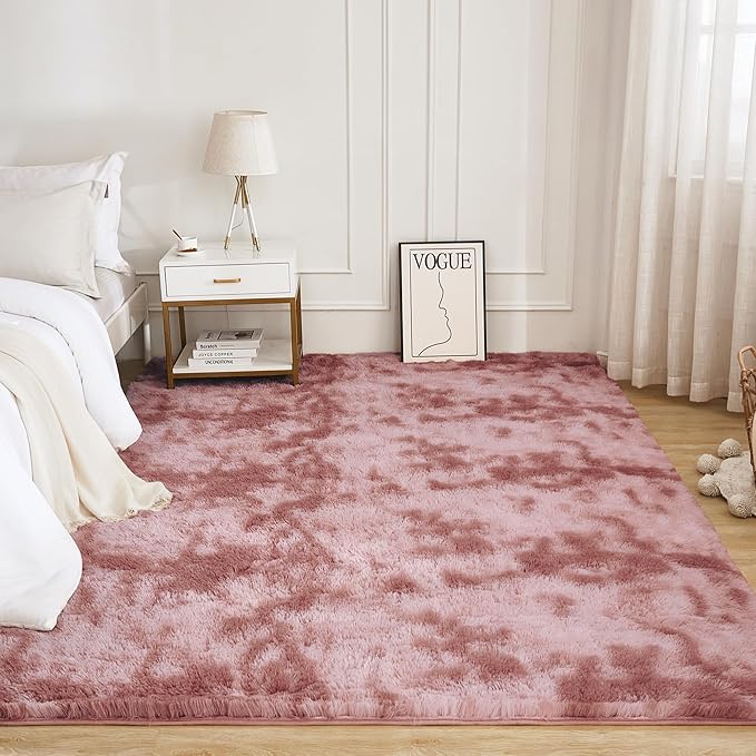Litanika 6x9 Shag Area Rug for Living Room Bedroom, Tie-Dyed Dusty Pink High Pile Soft Plush Shaggy Furry Bedside Playroom Dorm Carpet, Non-Slip, Non-Shedding Modern Indoor Floor Rug