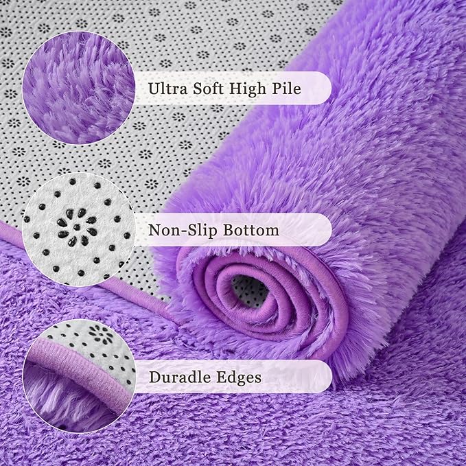 junovo Purple Washable Area Rug for Boys Bedroom Living Room, 4x5.3 Soft Non-Slip Fluffy Rugs, Shag Plush Memory Foam Carpet for Kids Room Baby Nursery Home Decor