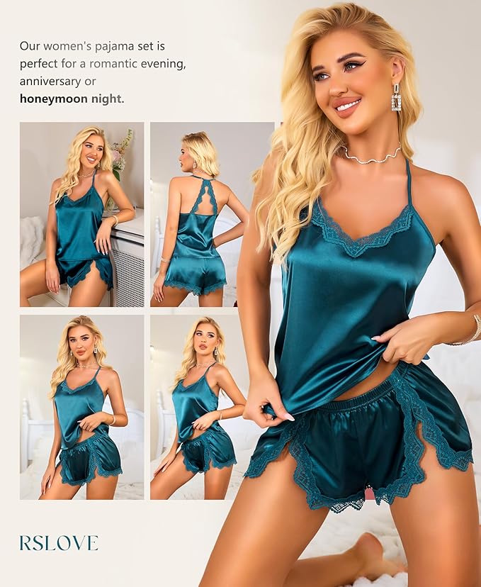 RSLOVE Women Pajama Set Sleepwear - Satin Pajamas Silk V Neck Cami and Shorts Pjs 2 Piece Womens Sexy Lace Lounge Nightwear