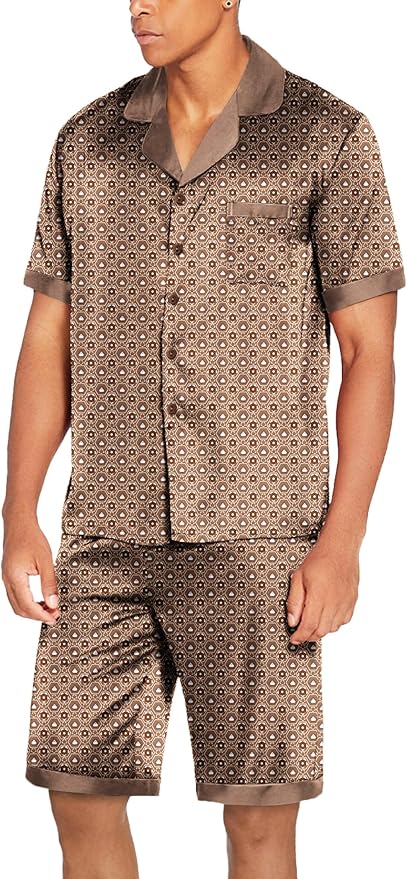 Ekouaer Men Satin Silk Pajamas Set with Pockets Sleepwear Shorts Satin Summer Loungewear 2 Piece Button Down Set S-3XL