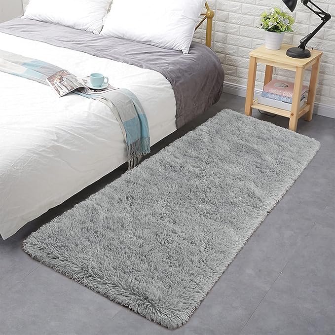 ISEAU Fluffy Runner Rug for Dorm, College, Apartment, Bedroom Plush Area Rugs, Shag Carpet with Rubber Backing Non Slip, Comfy Nursery Mat Bedside Rug for Kids Boys Room Home Decor, 2ft x 6ft, Grey
