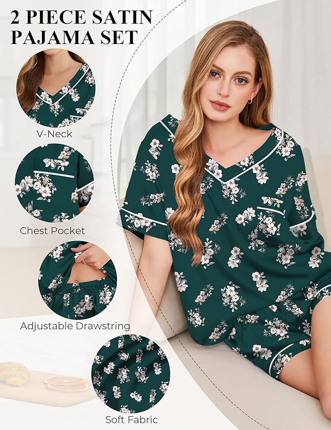 Silk Pajamas for Women Short Sleeve Satin 2 Piece Pj Set Soft V Neck Sleepwear Loungewear, S-XXL