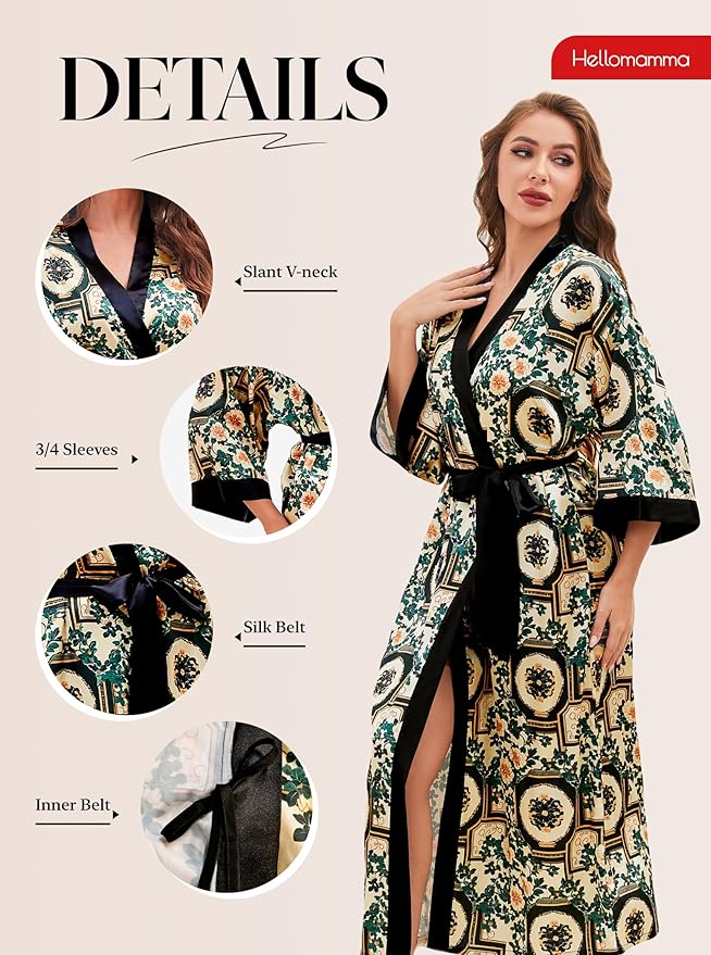 Hellomamma Womens Satin Silk Robe: Lightweight 3/4 Sleeve Comfy Floral Print Kimono Sleepwear for Bride Wedding Party Gift