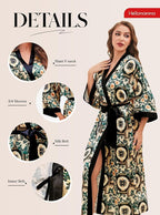Hellomamma Womens Satin Silk Robe: Lightweight 3/4 Sleeve Comfy Floral Print Kimono Sleepwear for Bride Wedding Party Gift