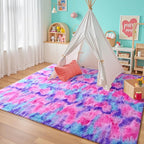 junovo 3x5 Washable Area Rug for Girls Bedroom, Tie-Dyed Hot-Pink Soft Non-Slip Fluffy Bedside Rugs, Shag Plush Memory Foam Carpet for Kids Room Baby Nursery Home Decor Aesthetic