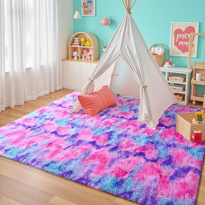 junovo 4x6 Washable Area Rug for Girls Bedroom Living Room, Tie-Dyed Hot-Pink Soft Non-Slip Fluffy Rugs, Shag Plush Memory Foam Carpet for Kids Room Baby Nursery Home Decor