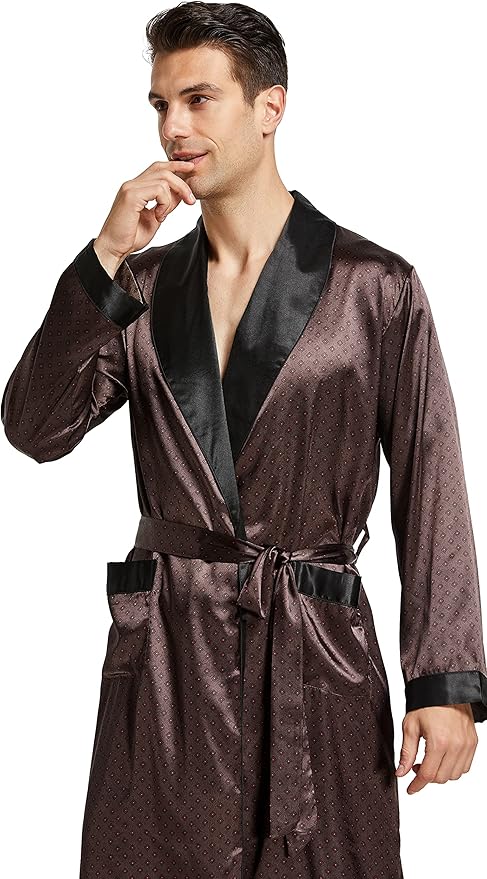 Tony & Candice Men's Satin Robe Lightweight Long Sleeve Silk Kimono Bathrobe with Shorts Set Sleepwear