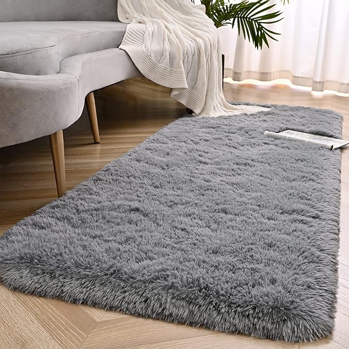 Grey Runner Area Rugs for Bedroom Living Room, 2x6 Feet Fluffy Bedside Rugs, Soft Shaggy Carpet Rug for Kids Room Nursery, Furry Cute Rugs for Girls Boys Dorm Room Home Decor