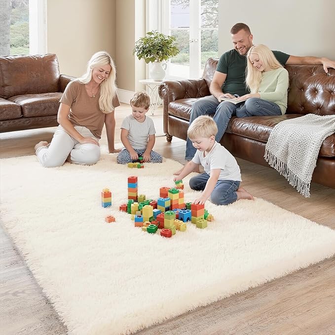 Shag 4x6 Area Rug, Cream Rugs for Bedroom Living Room, Non-Slip Ultra Soft Shaggy Fluffy Area Carpet for Kids Room, Dorm, Girls Room, Study, Office, Playroom, Easy to Clean, Modern Home Décor