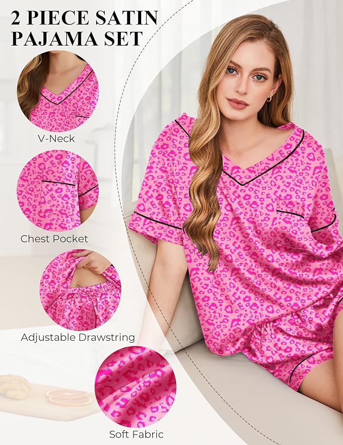 Silk Pajamas for Women Short Sleeve Satin 2 Piece Pj Set Soft V Neck Sleepwear Loungewear, S-XXL