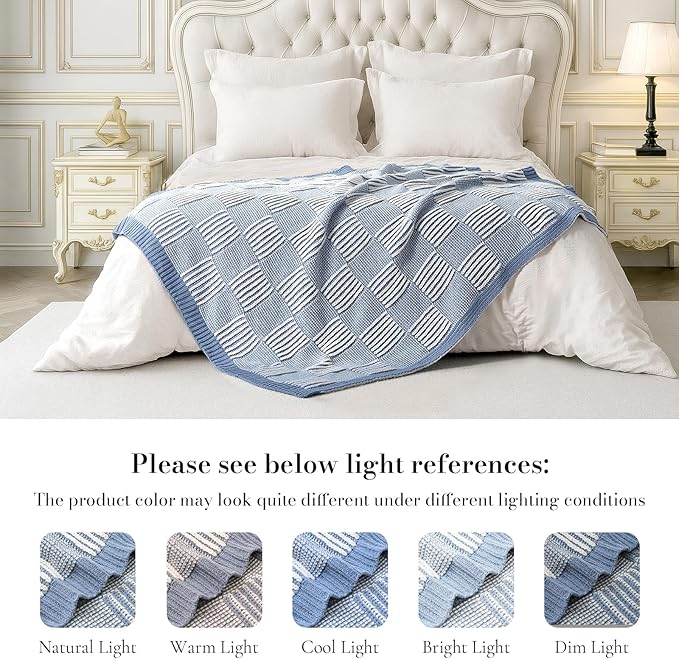 Amélie Home Knit Throw Blanket, Soft Chenille Cozy Breathable Pineapple Chunky Decorative Blanket for Couch, Bed & Sofa, French-Inspired Lightweight Warm Gift for Women, Washed Blue, 50"x60"